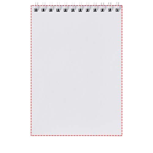 Standskizze: Druckverfahren Offsetdruck vollfarbig auf Position „Rückseite der Blätter (Hochformat, Rücken oben) (max. 148 x 210 mm)“ – Desk-Mate® A5 Notizbuch mit Spiralbindung