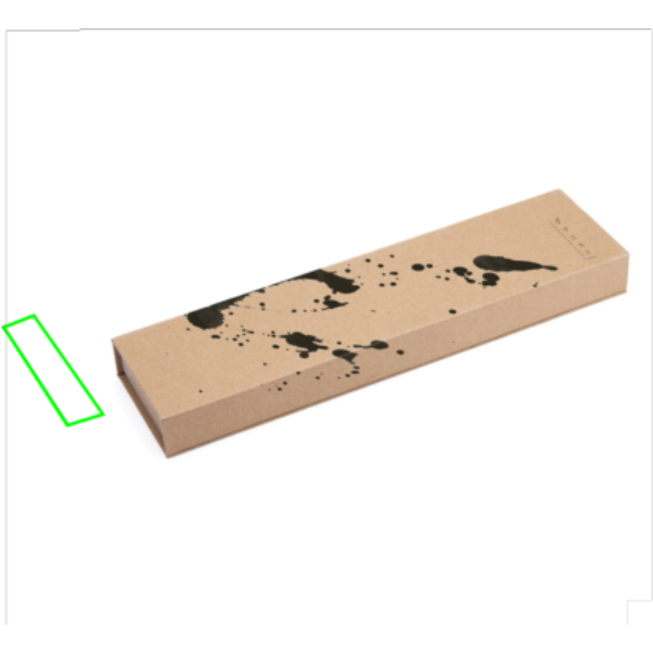 Standskizze: Druckverfahren Tampondruck auf Position „Box (max. 50 x 15 mm)“ – VINGA Hattasan Damascus Kochmesser mit Pakkaholz-Griff – mit Logo veredelbar