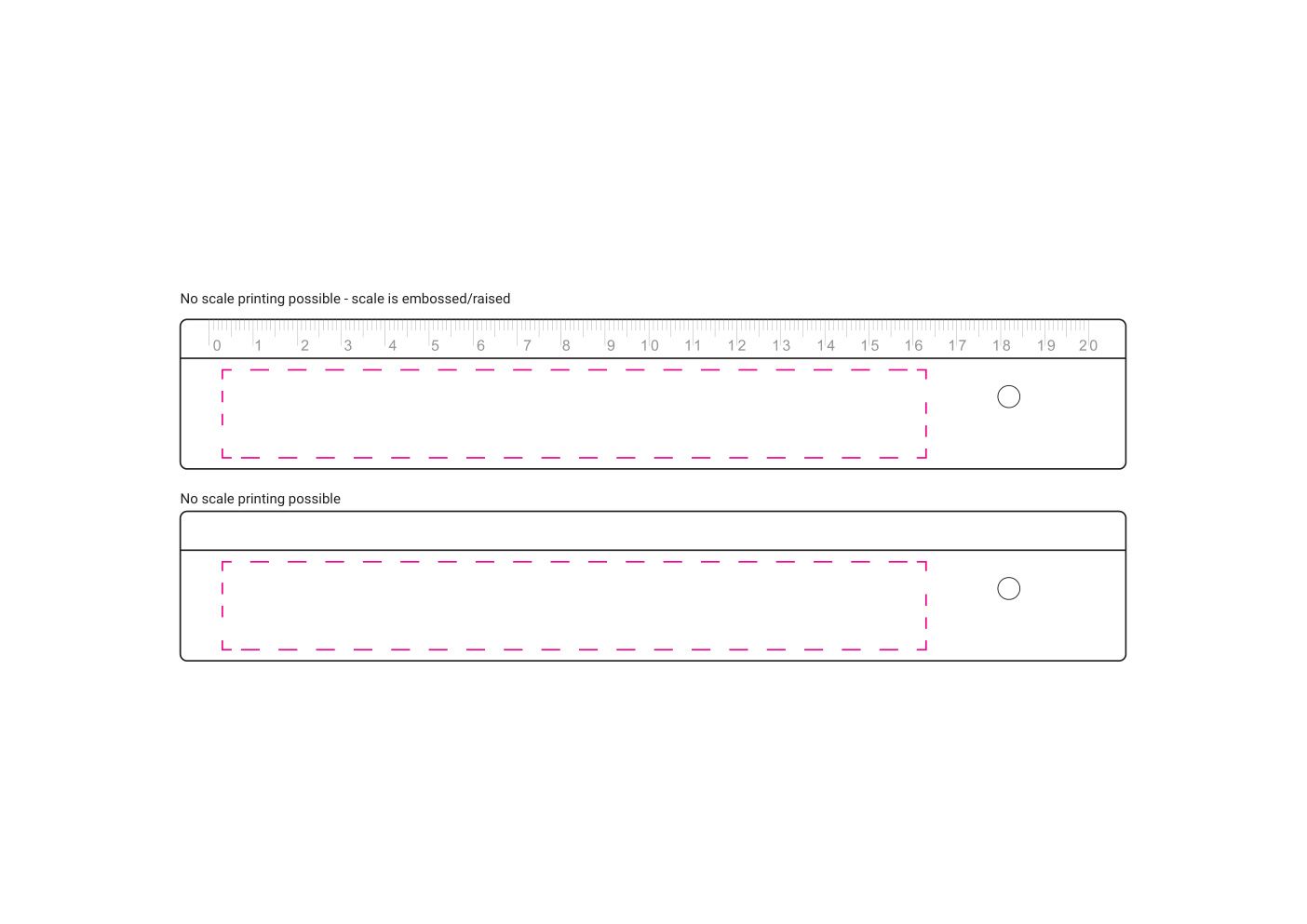Standskizze: Druckposition „links vom Loch (max. 160×20 mm)“ – Lineal 20 cm – Kunststoff mit geprägter mm-Skala