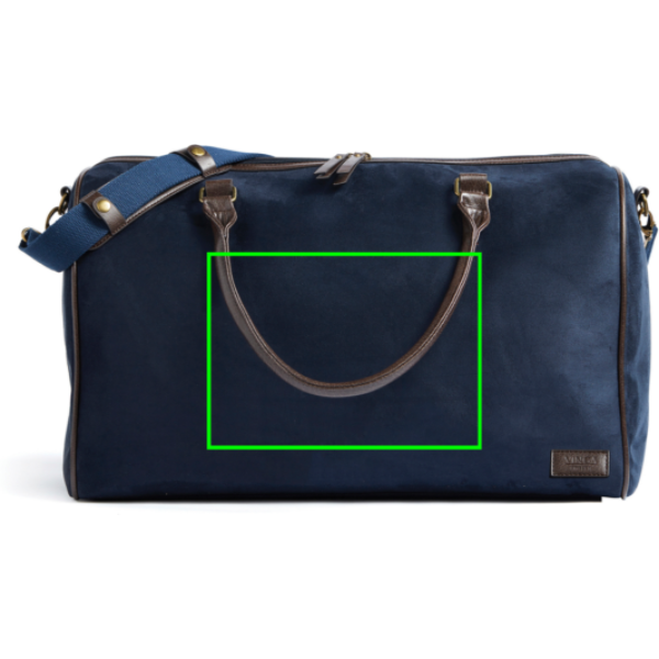 Standskizze: Druckverfahren Siebdruck Transfer auf Position „Artikel Vorderseite (max. 250 x 180 mm)“ – VINGA Hunton Weekendbag in Wildlederoptik mit Messingdetails — bedruckbar