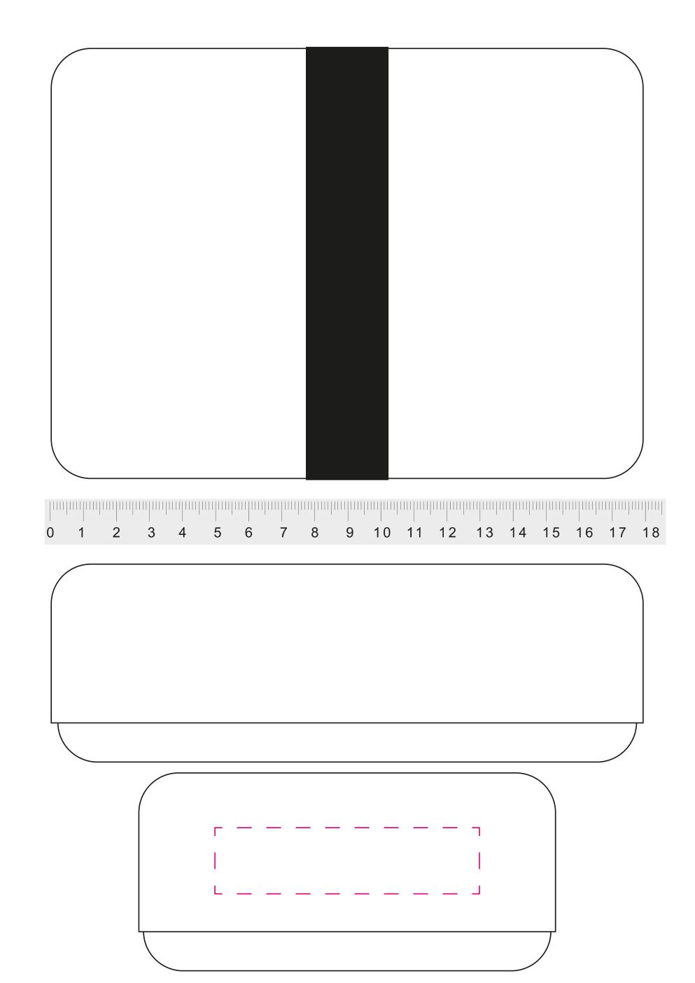 Standskizze: Druckposition „auf kurze Seite (max. 80×20 mm)“ – Vorratsdose Match – Brotzeitdose 179 × 130 × 61 mm