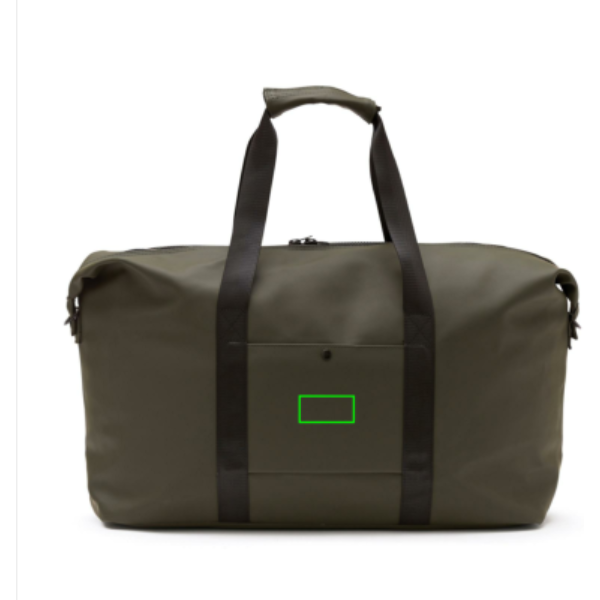 Standskizze: Druckverfahren PU-Etikett Baltimore grün auf Position „Artikel Rückseite“ – VINGA Baltimore Weekendbag aus Polyester mit PU-Beschichtung — bedruckbar