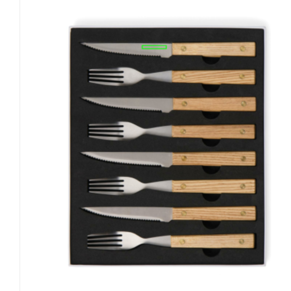 Standskizze: Druckverfahren Lasergravur auf Position „Messer (max. 30 x 5 mm)“ – VINGA Paso BBQ-Besteck 8-teilig aus FSC-Eschenholz und Edelstahl
