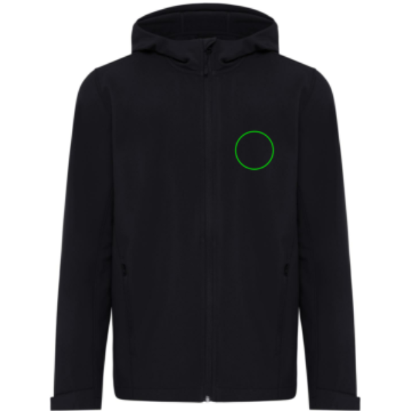 Standskizze: Druckverfahren Bestickung auf Position „linke Brustseite“ – IQONIQ Makalu Herren-Softshelljacke aus 91 % recyceltem Polyester mit Logo