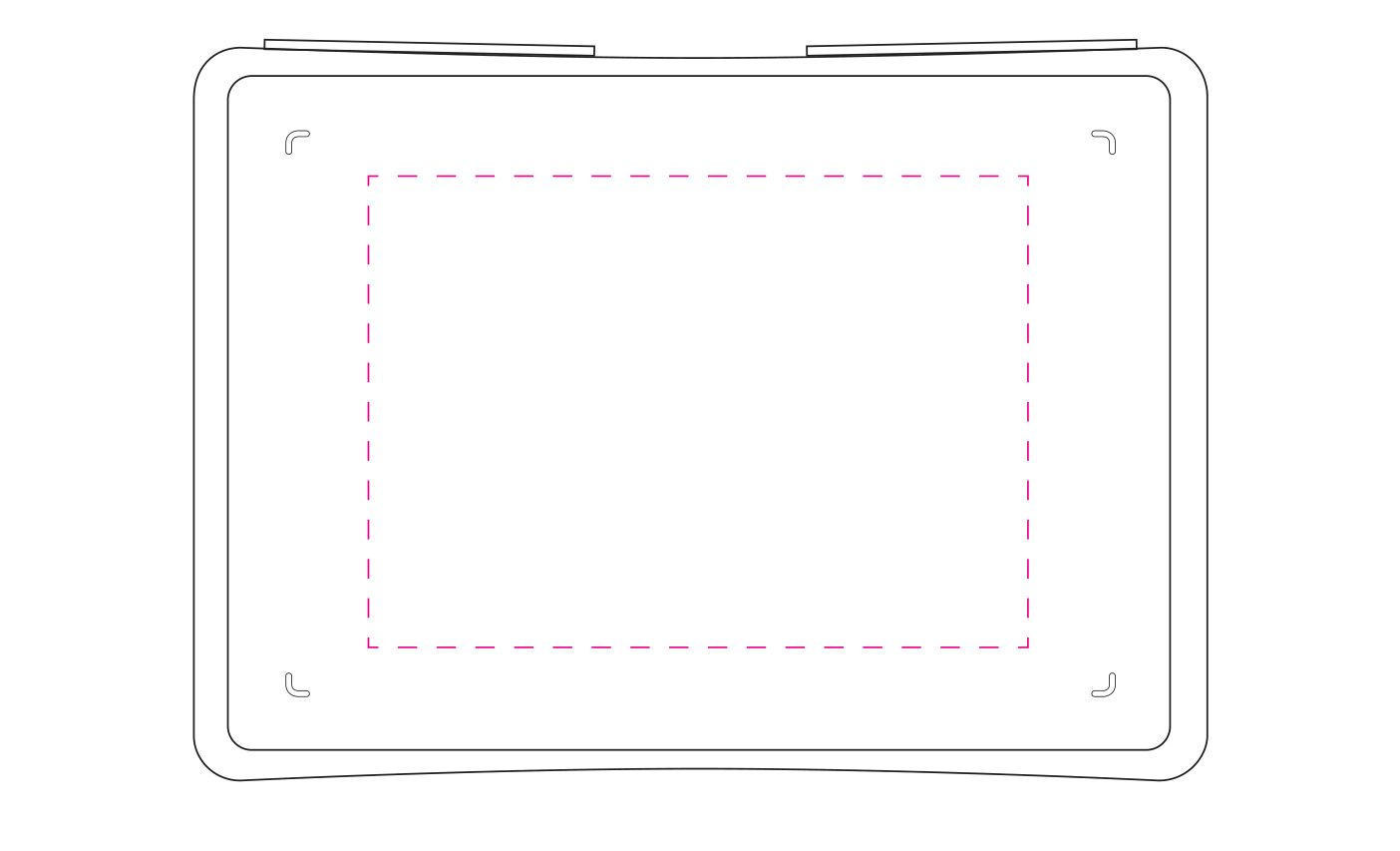 Standskizze: Druckposition „Auf den Boden (max. 140×100 mm)“ – Vorratsdose Picknick – Kunststoff-Brotdose 215 × 158 × 71 mm mit Klickverschluss