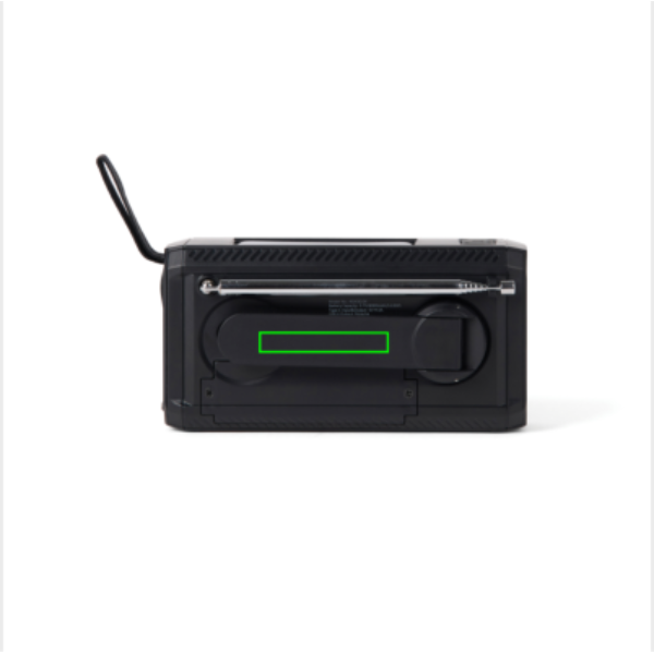 Standskizze: Druckverfahren Tampondruck auf Position „Artikel Rückseite (max. 60 x 10 mm)“ – Nordic Drift Titan Notfallradio IPX4 mit Handkurbel, Solarpanel und 4000-mAh-Powerbank – mit Logo bedruckbar