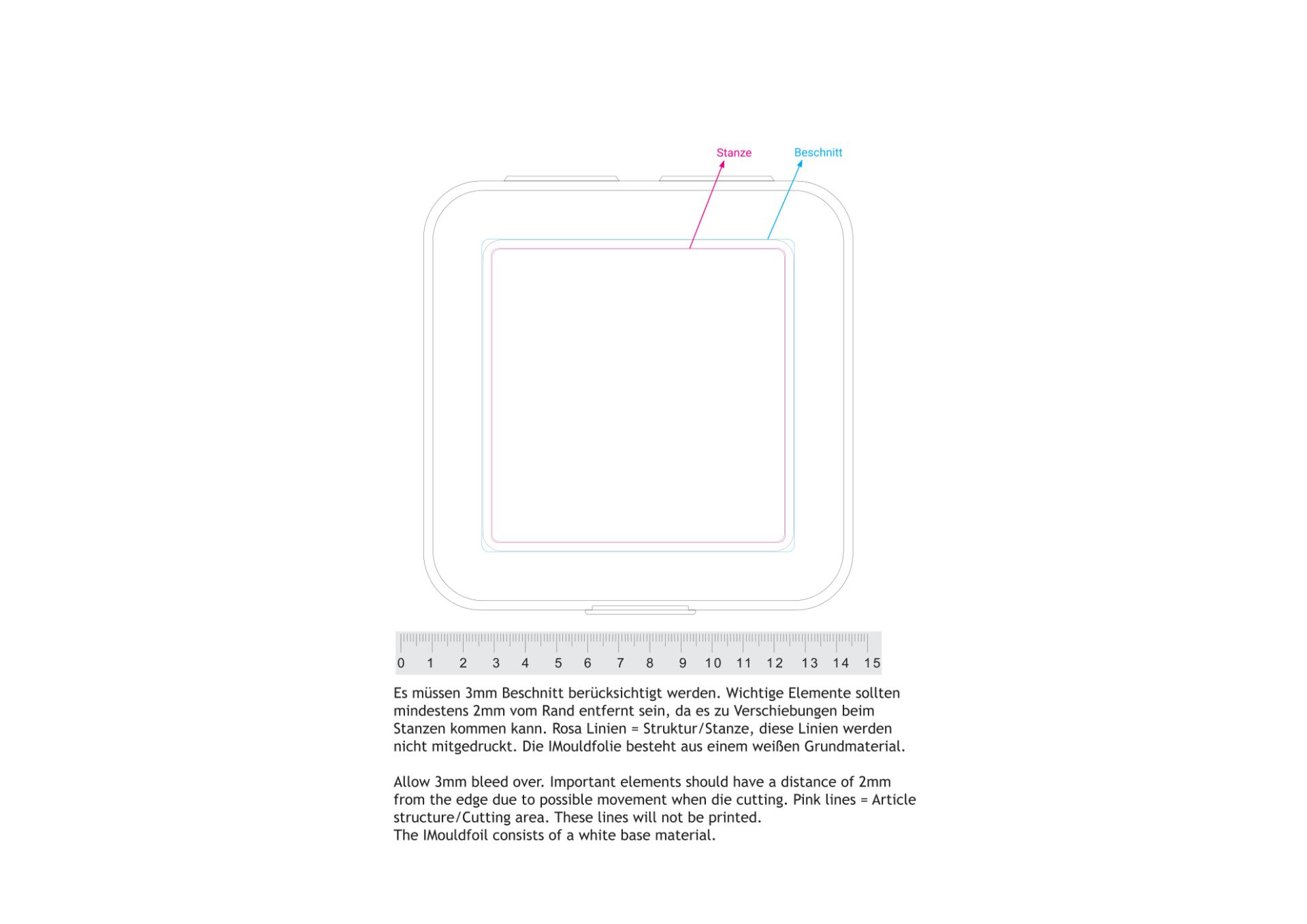 Standskizze: Druckposition „mittig (max. 100×100 mm)“ – Vorratsdose Cube deluxe – Brotzeitbox 137 × 143 × 70 mm mit Klickverschluss