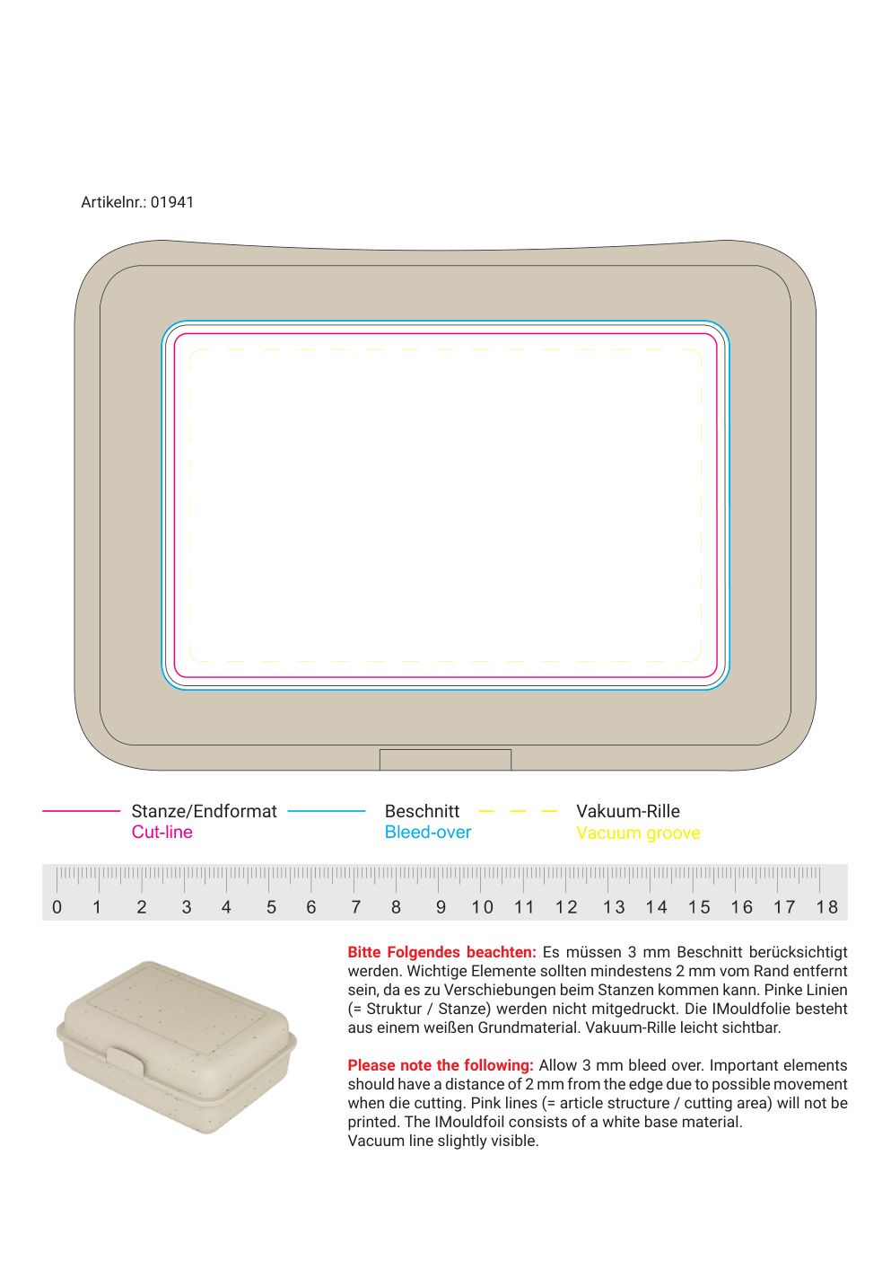 Standskizze: Druckposition „mittig innerhalb der Kontur (max. 133×87 mm)“ – Vorratsdose School-Box groß – ISCC-zertifiziert mit Klickverschluss