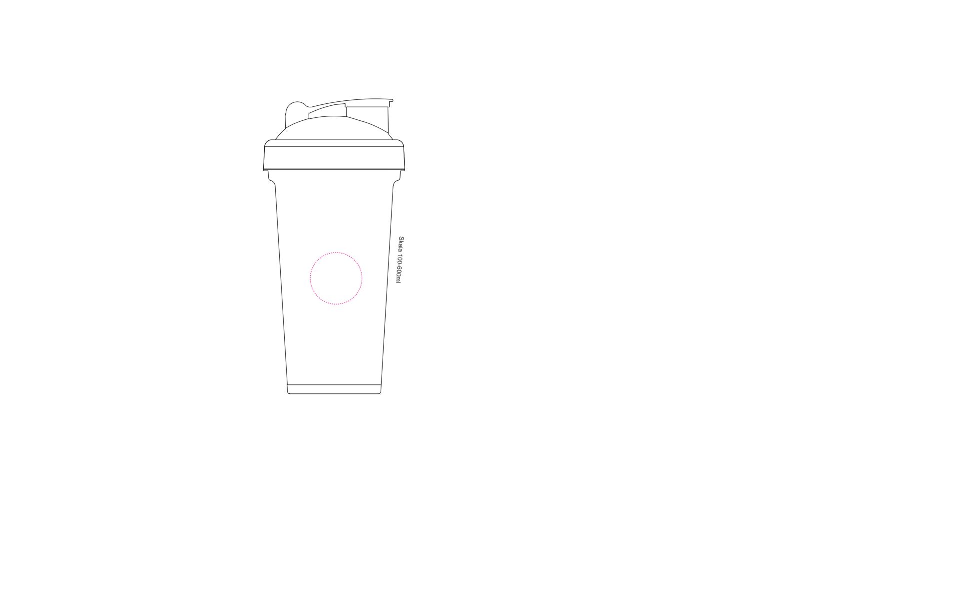 Standskizze: Druckposition „zwischen den abgeflachten Segmenten (max. Ø 35 mm)“ – Protein-Shaker 600 ml – transparent mit Sieb und Skala