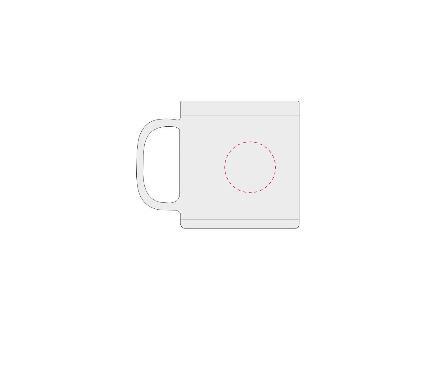 Standskizze: Druckposition „rechts vom Henkel (max. Ø 35 mm)“ – Tasse Arica 0,3 l – Kunststoff in Porzellan-Optik mit Henkel