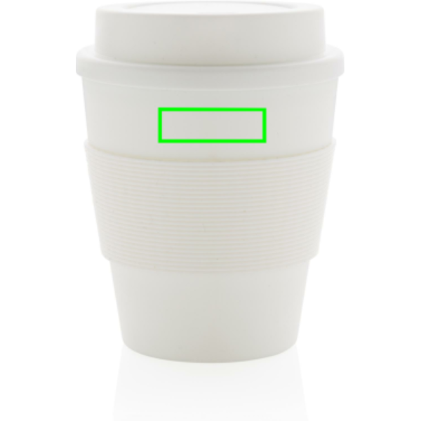 Standskizze: Druckverfahren Tampondruck auf Position „Artikel Vorderseite oben (max. 30 x 10 mm)“ – XD Collection wiederverwendbarer Coffee-to-go Becher 350 ml mit Silikon-Sleeve