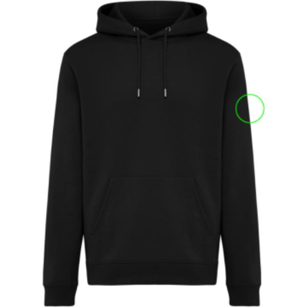 Standskizze: Druckverfahren Bestickung auf Position „Ärmel links“ – IQONIQ Joshua Hoodie 340 g/m² aus Bio- und recycelter Baumwolle – mit Logo bestickbar und bedruckbar