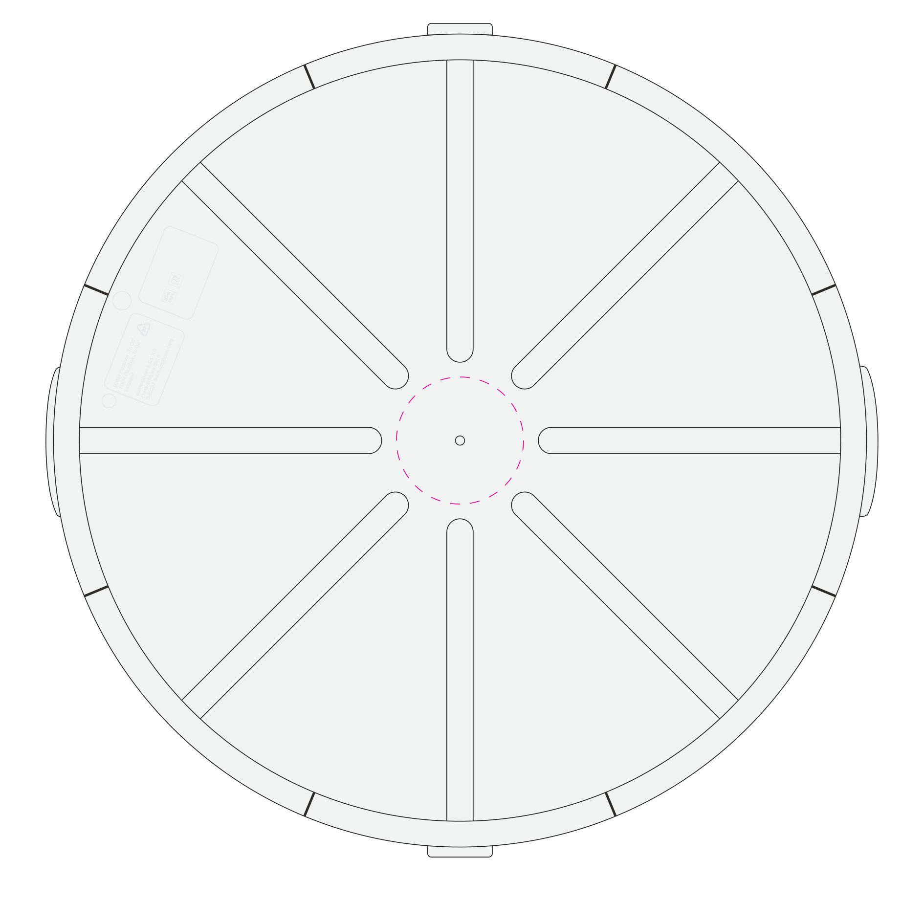 Standskizze: Druckposition „mittig innen (max. Ø 55 mm)“ – Pizzabox ToGo Ø358 mm – Mehrweg-Alternative aus Kunststoff