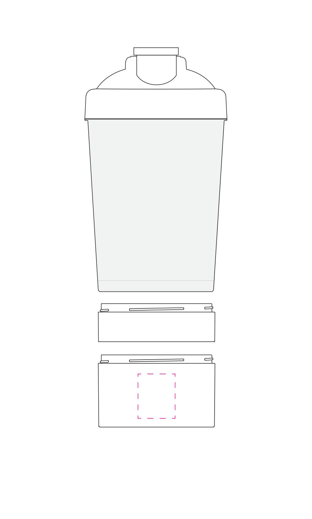 Standskizze: Druckposition „auf Pulverfach (max. 25×30 mm)“ – Protein-Shaker Pro 2 mit Pulverfach – 400 ml, Made in Germany