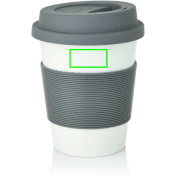 Standskizze: Druckverfahren Tampondruck auf Position „Artikel Vorderseite oben (max. 30 x 15 mm)“ – PLA-Kaffeebecher 350 ml mit Silikongriff – bedruckbar