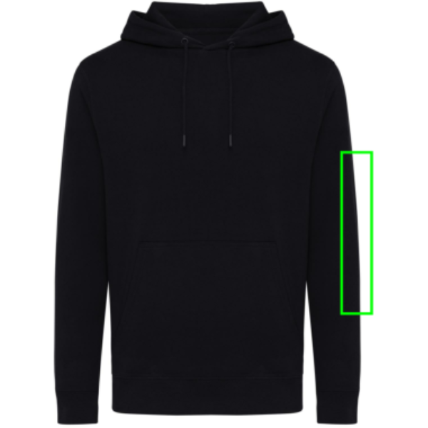 Standskizze: Druckverfahren Digital Transfer auf Position „Ärmel links“ – iqoniq Rila Hoodie aus 30 % recycelter und 70 % Bio-Baumwolle, bedruckbar