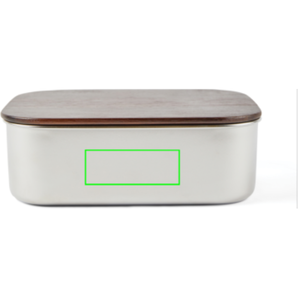 Standskizze: Druckverfahren Tampondruck auf Position „Artikel Rückseite (max. 80 x 30 mm)“ – VINGA Ciro Lunchbox aus 39 % RCS-recyceltem Edelstahl mit FSC-Akazienholz-Deckel