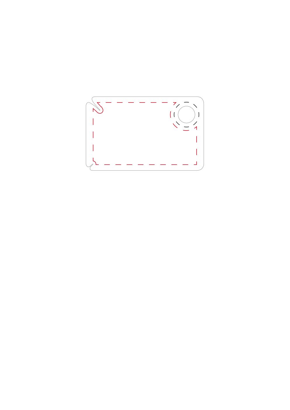Standskizze: Druckposition „Vorderseite (max. 75×45 mm)“ – Zeckenkarte mit Lupe – Zeckenentferner im Scheckkartenformat