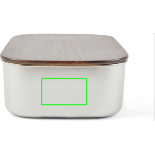 Standskizze: Druckverfahren Tampondruck auf Position „Artikelseite rechts (max. 50 x 30 mm)“ – VINGA Ciro Lunchbox aus 39 % RCS-recyceltem Edelstahl mit FSC-Akazienholz-Deckel