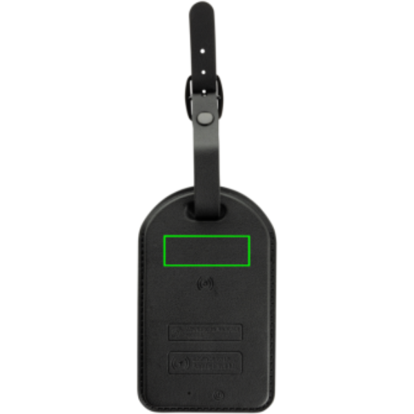 Standskizze: Druckverfahren CO2 Gravur auf Position „Artikel Vorderseite oben (max. 50 x 18 mm)“ – Globefind Dual RCS Gepäckanhänger mit Apple Find My & Android Find Hub