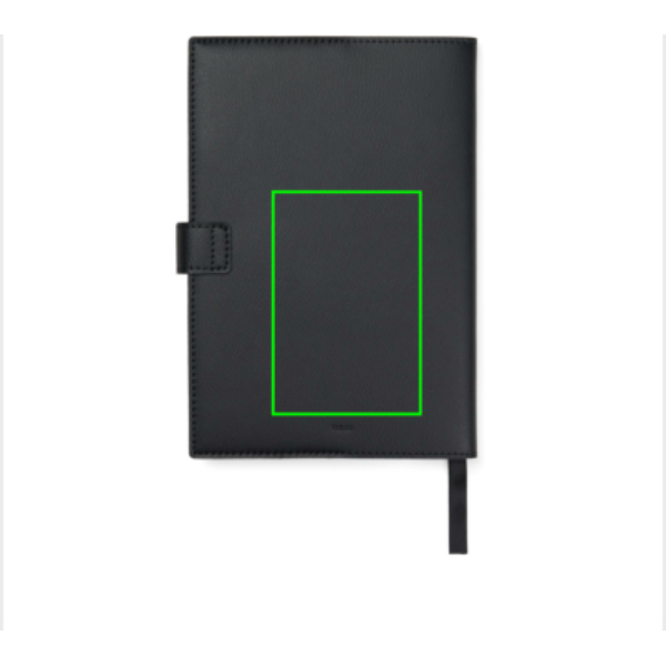 Standskizze: Druckverfahren Siebdruck Transfer auf Position „Artikel Rückseite unten (max. 80 x 120 mm)“ – VINGA Timo Notizbuch A5 aus RCS-recyceltem rPET und Papier