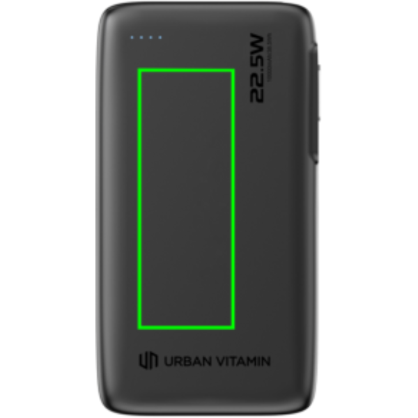 Standskizze: Druckverfahren Tampondruck auf Position „Artikel Vorderseite“ – Urban Vitamin Emeryville Powerbank 10.000 mAh mit integriertem USB-C-Kabel