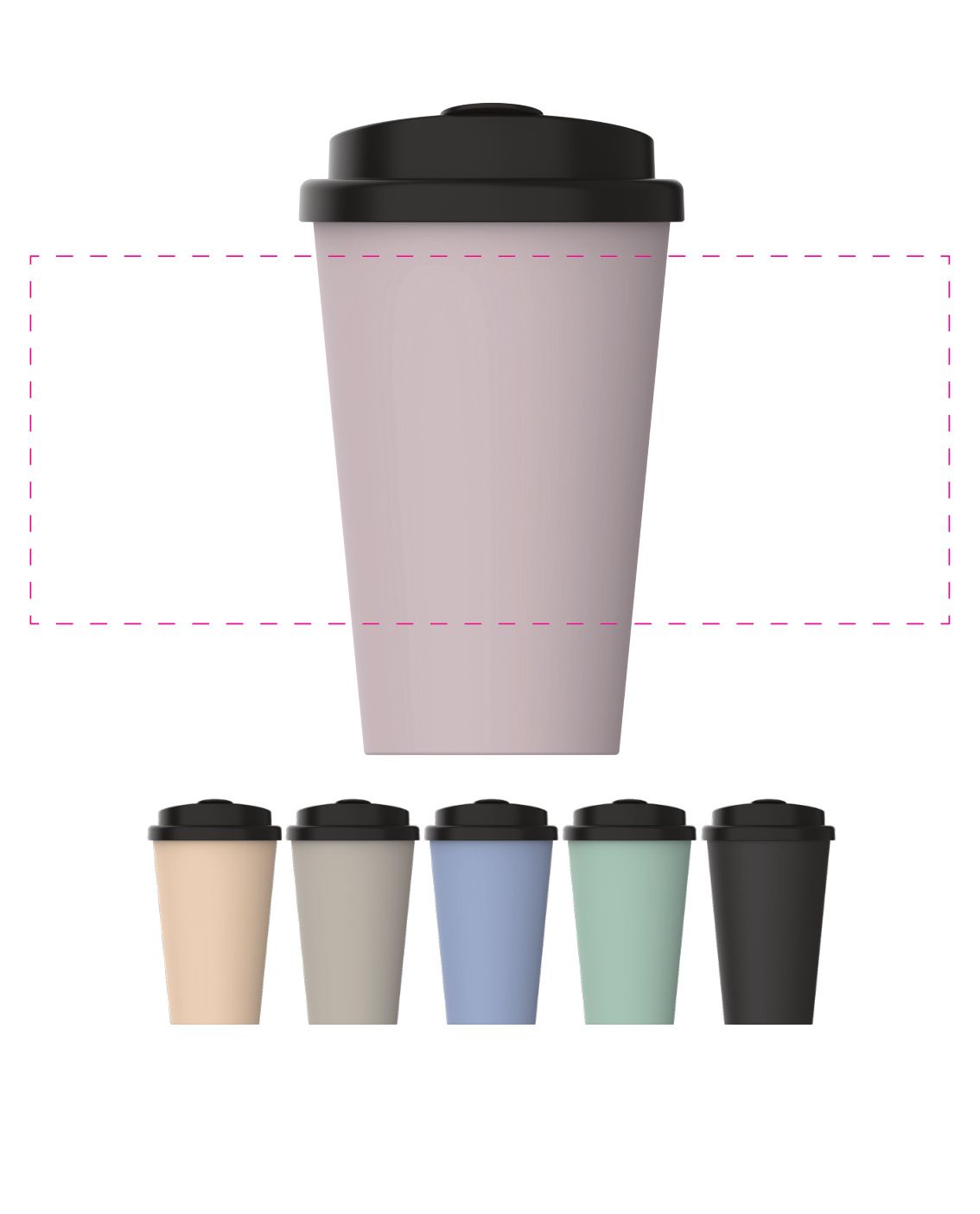 Standskizze: Druckposition „rundum 2 cm zwischen Anfang und Ende (max. 225×90 mm)“ – Kaffeebecher PremiumPlus 350 ml – doppelwandig mit Deckel