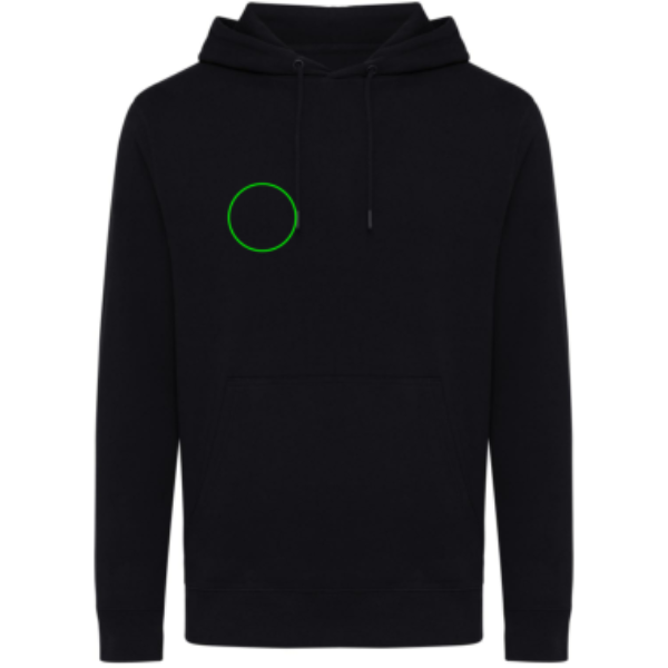Standskizze: Druckverfahren Bestickung auf Position „Brust Vorderseite rechts“ – iqoniq Rila Hoodie aus 30 % recycelter und 70 % Bio-Baumwolle, bedruckbar