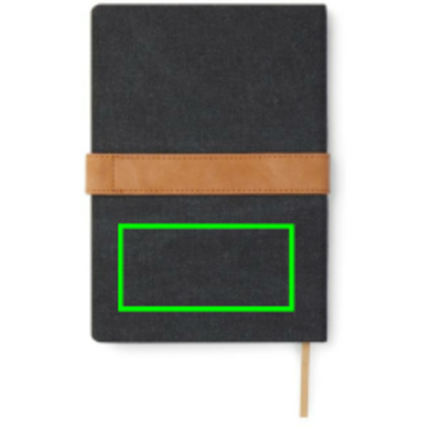 Standskizze: Druckverfahren Siebdruck Transfer auf Position „Artikel Rückseite unten (max. 100 x 50 mm)“ – VINGA Bosler A5-Notizbuch aus RCS-recyceltem Papier, mit Logo veredelbar