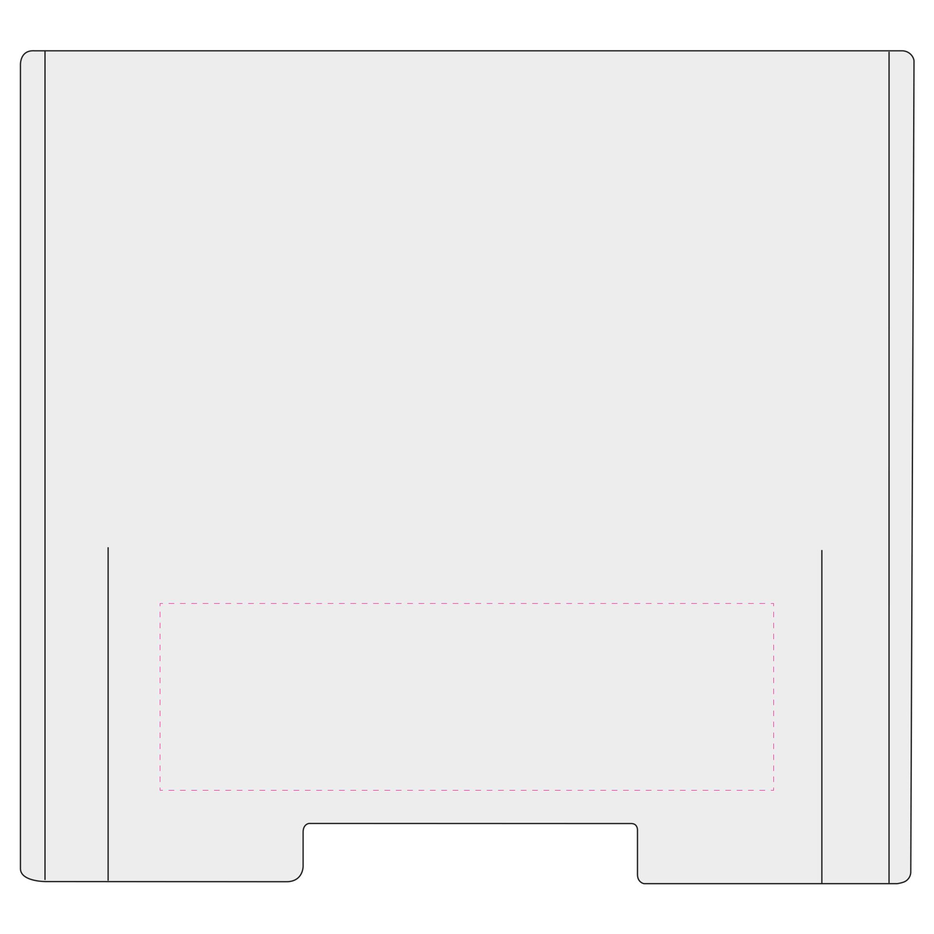 Standskizze: Druckposition „mittig im unteren Bereich (max. 460×140 mm)“ – Thekenaufsteller Acryl 670 x 610 mm – mit Durchreiche-Öffnung