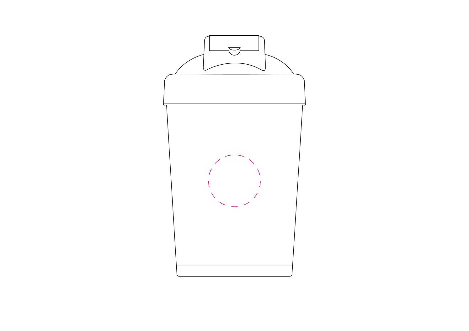 Standskizze: Druckposition „mittig gegenüber Skala (max. Ø 35 mm)“ – Protein-Shaker 400 ml – Mix-Becher mit Sieb und Skala
