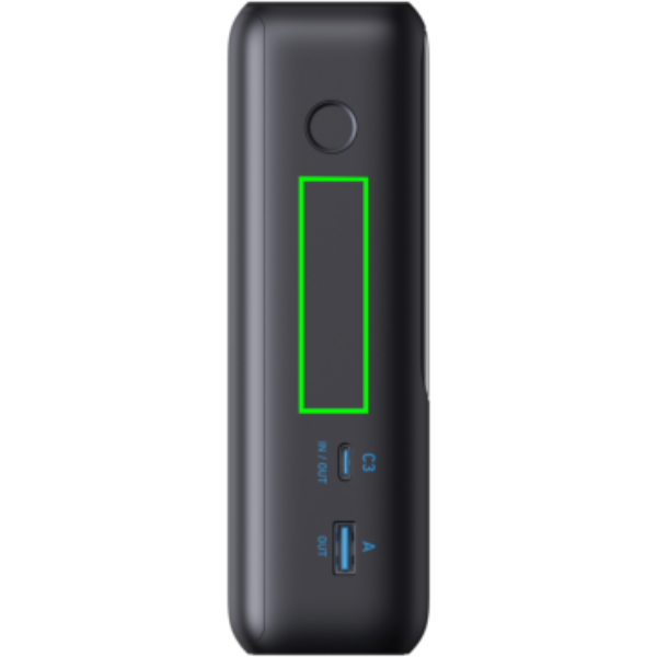 Standskizze: Druckverfahren Tampondruck auf Position „Artikelseite links (max. 15 x 50 mm)“ – Anker Powerbank 25.000 mAh 165W mit integriertem USB-C-Kabel