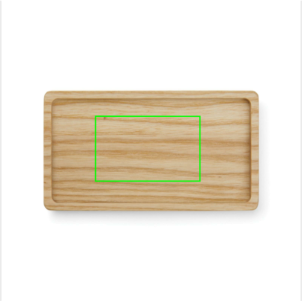 Standskizze: Druckverfahren CO2 Gravur auf Position „Tablett“ – VINGA Retro Salz- und Pfeffermühlen-Set aus FSC-Eschenholz mit Tablett, mit Logo veredelbar