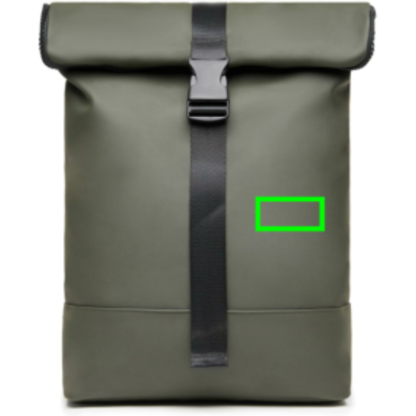 Standskizze: Druckverfahren PU-Etikett Baltimore grün auf Position „Artikel Vorderseite rechts“ – VINGA Baltimore Fahrradtasche mit 17-Zoll-Laptopfach, wandelbar zum Rucksack