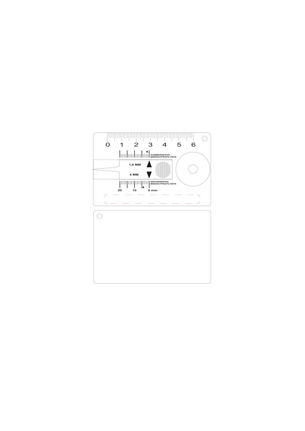 Standskizze: Druckposition „vorne oben (max. 65×6 mm)“ – Reifenprofilmesser Card – Scheckkartenformat mit Einkaufswagenchip