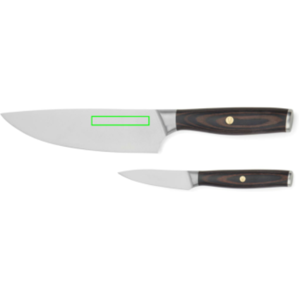 Standskizze: Druckverfahren Lasergravur auf Position „Messer (max. 60 x 10 mm)“ – VINGA Tara Kochmesser-Set aus Edelstahl mit Pakkaholz-Griff – lasergravierbar