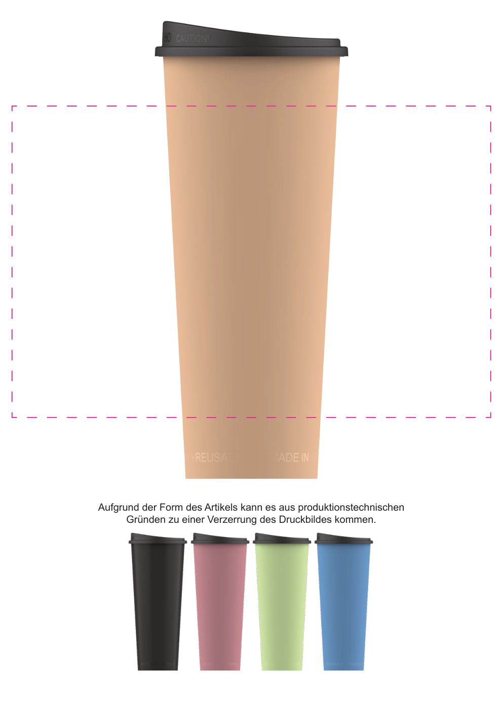Standskizze: Druckposition „mittig (max. 200×110 mm)“ – Kaffeebecher ToGo 0,5 l – Mehrweg aus Kunststoff, spülmaschinenfest