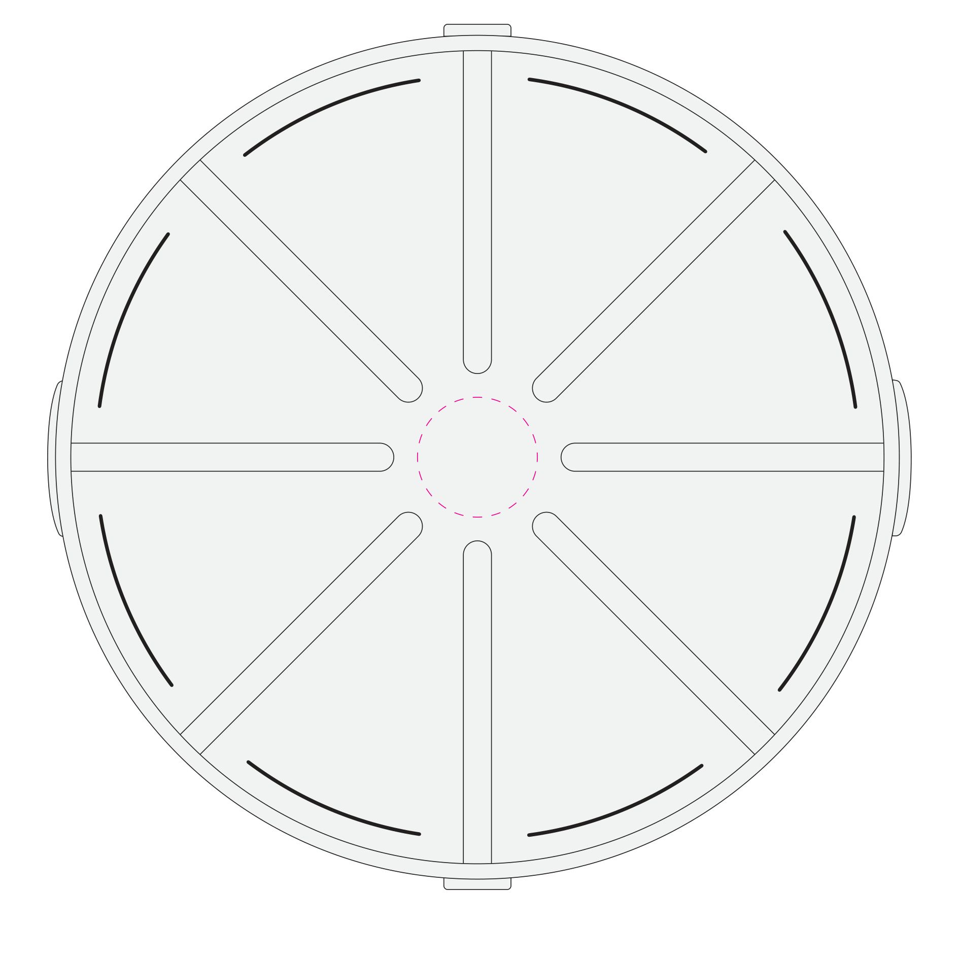 Standskizze: Druckposition „mittig auf Deckel (max. Ø 50 mm)“ – Pizzabox ToGo Ø358 mm – Mehrweg-Alternative aus Kunststoff