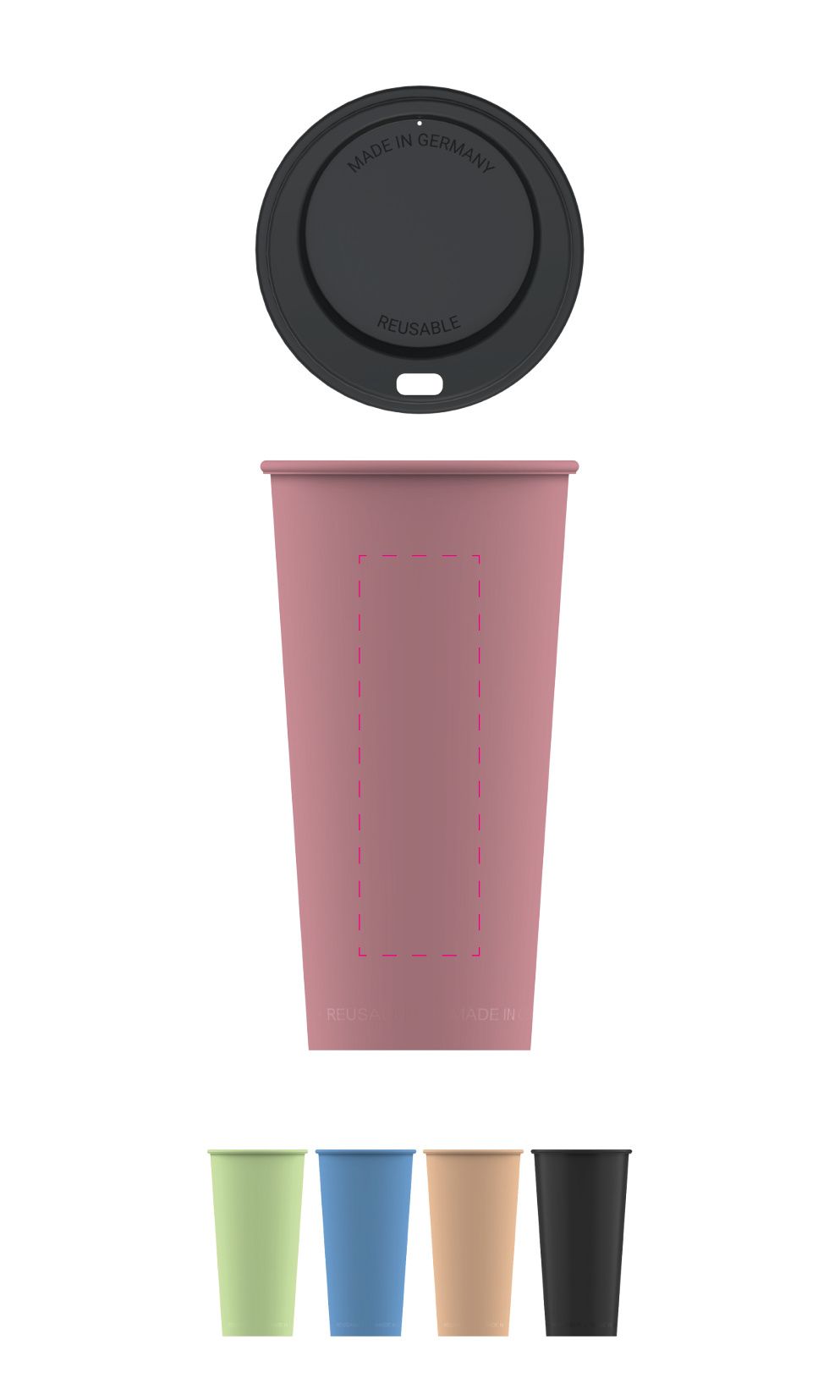 Standskizze: Druckposition „mittig (max. 30×100 mm)“ – Kaffeebecher ToGo 0,4 l – Mehrwegbecher aus Kunststoff, spülmaschinenfest