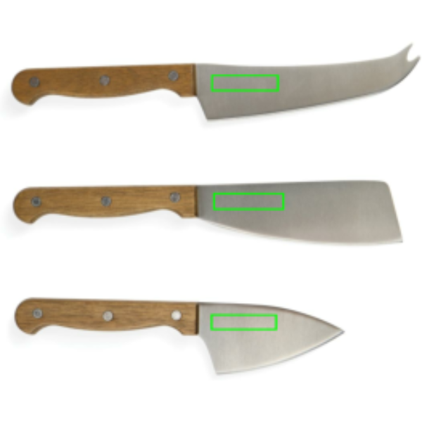 Standskizze: Druckverfahren Lasergravur auf Position „Messer (max. 35 x 10 mm)“ – VINGA Käsemesser-Set Story of Cheese mit Buch-Geschenkbox (3-teilig, lasergravierbar)