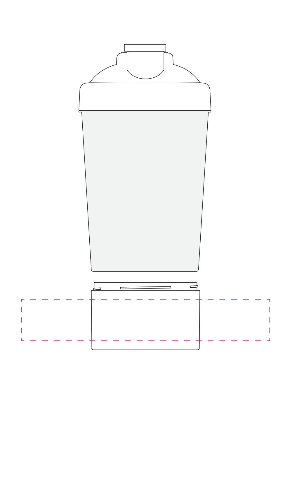Standskizze: Druckposition „auf Pulverfach (max. 180×30 mm)“ – Protein-Shaker Pro 1, 0,4 l – mit Pulverfach und Sieb