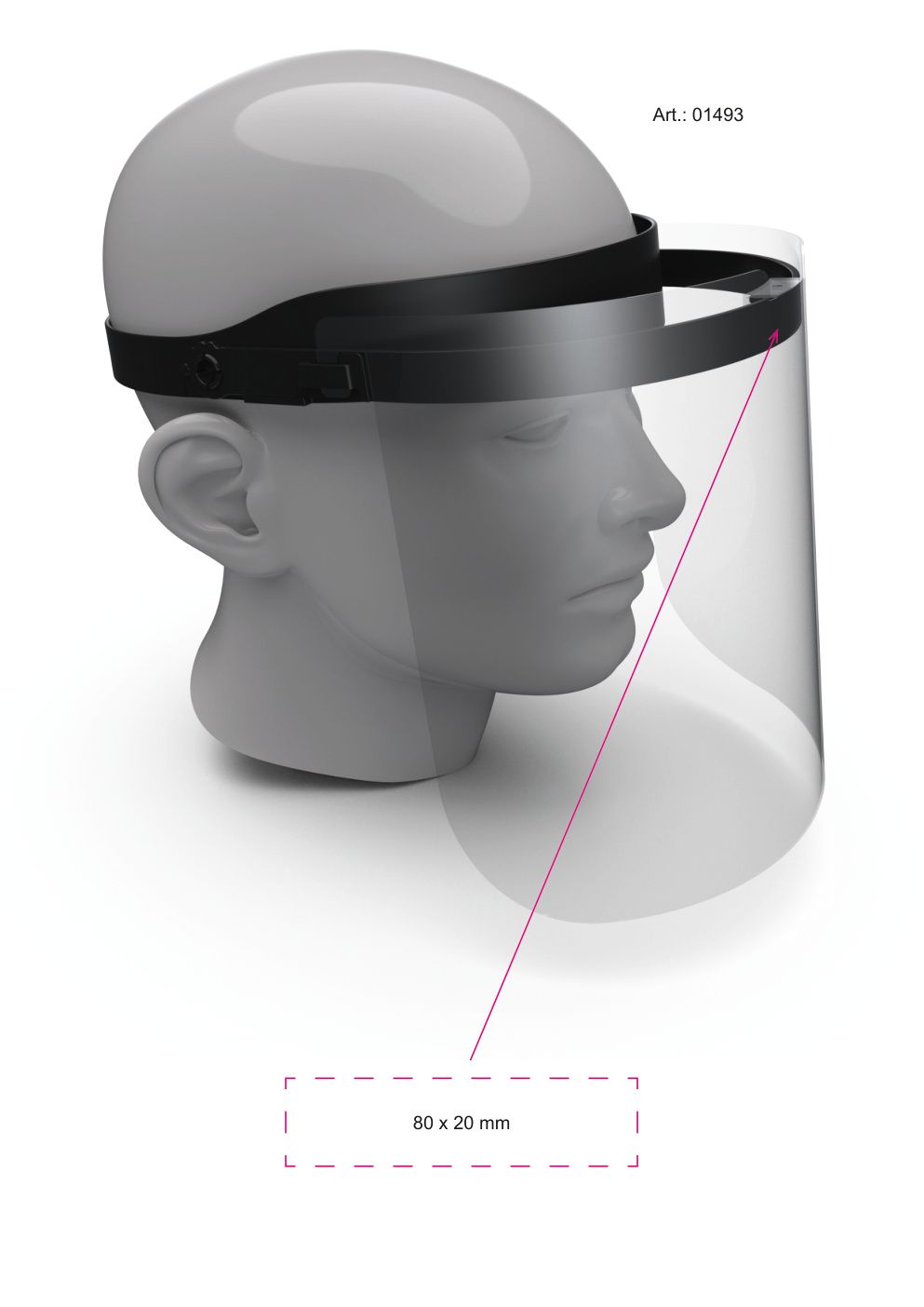 Standskizze: Druckposition „oben auf Visier (max. 80×20 mm)“ – Gesichtsvisier Protection – klappbares Schutzschild mit Wechsel-Visier
