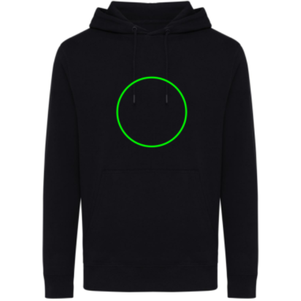 Standskizze: Druckverfahren Bestickung auf Position „Artikel Vorderseite“ – iqoniq Rila Hoodie aus 30 % recycelter und 70 % Bio-Baumwolle, bedruckbar