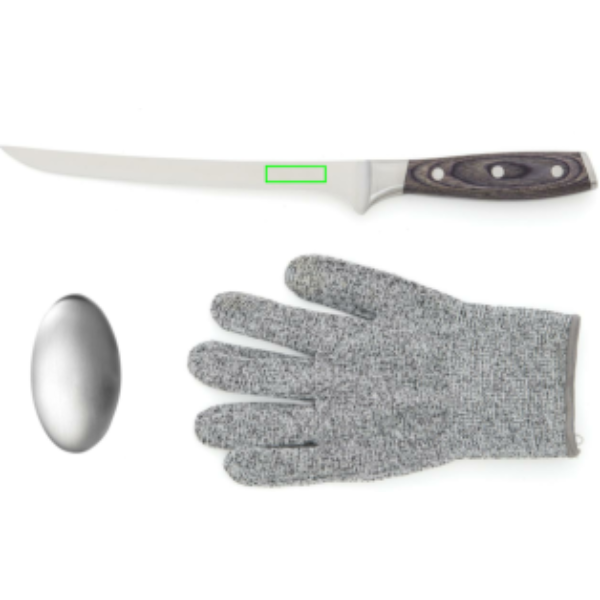 Standskizze: Druckverfahren Lasergravur auf Position „Messer (max. 35 x 10 mm)“ – VINGA Kaiser Filetierset mit Filetiermesser, Kettenhandschuh und Metallseife – mit Logo-Gravur veredelbar