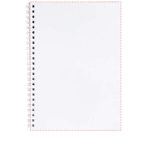 Standskizze: Druckverfahren Offsetdruck vollfarbig auf Position „Rückseite der Blätter (Hochformat, Rücken rechts) (max. 210 x 297 mm)“ – Desk-Mate® A4 Notizbuch mit Spiralbindung