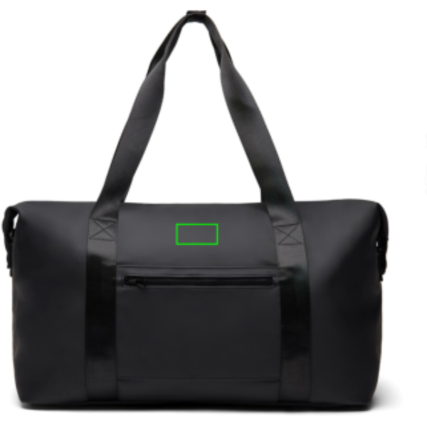 Standskizze: Druckverfahren PU-Etikett Baltimore schwarz auf Position „Artikel Vorderseite oben“ – VINGA Baltimore RCS 24h Wochenendtasche mit Logo bedrucken
