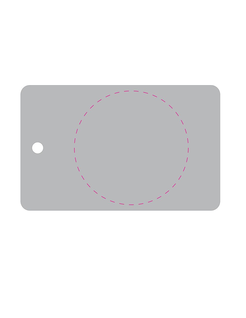 Standskizze: Druckposition „mittig auf Rückseite (max. Ø 100 mm)“ – Schneidbrett Brotzeit – Kunststoff 175 × 115 mm mit Aufhängeloch