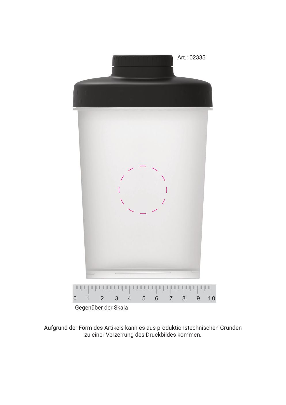 Standskizze: Druckposition „mittig gegenüber Skala (max. Ø 35 mm)“ – Fitness-Shaker Energy 400 ml – transparent mit Sieb und Skala