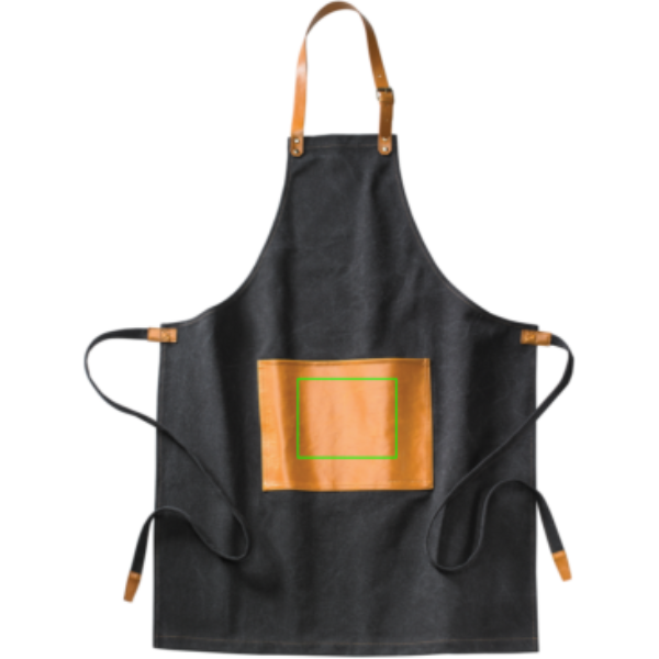 Standskizze: Druckverfahren Digital Transfer auf Position „Tasche“ – VINGA Asado Küchenschürze aus stonewashed Segeltuch mit PU-Details