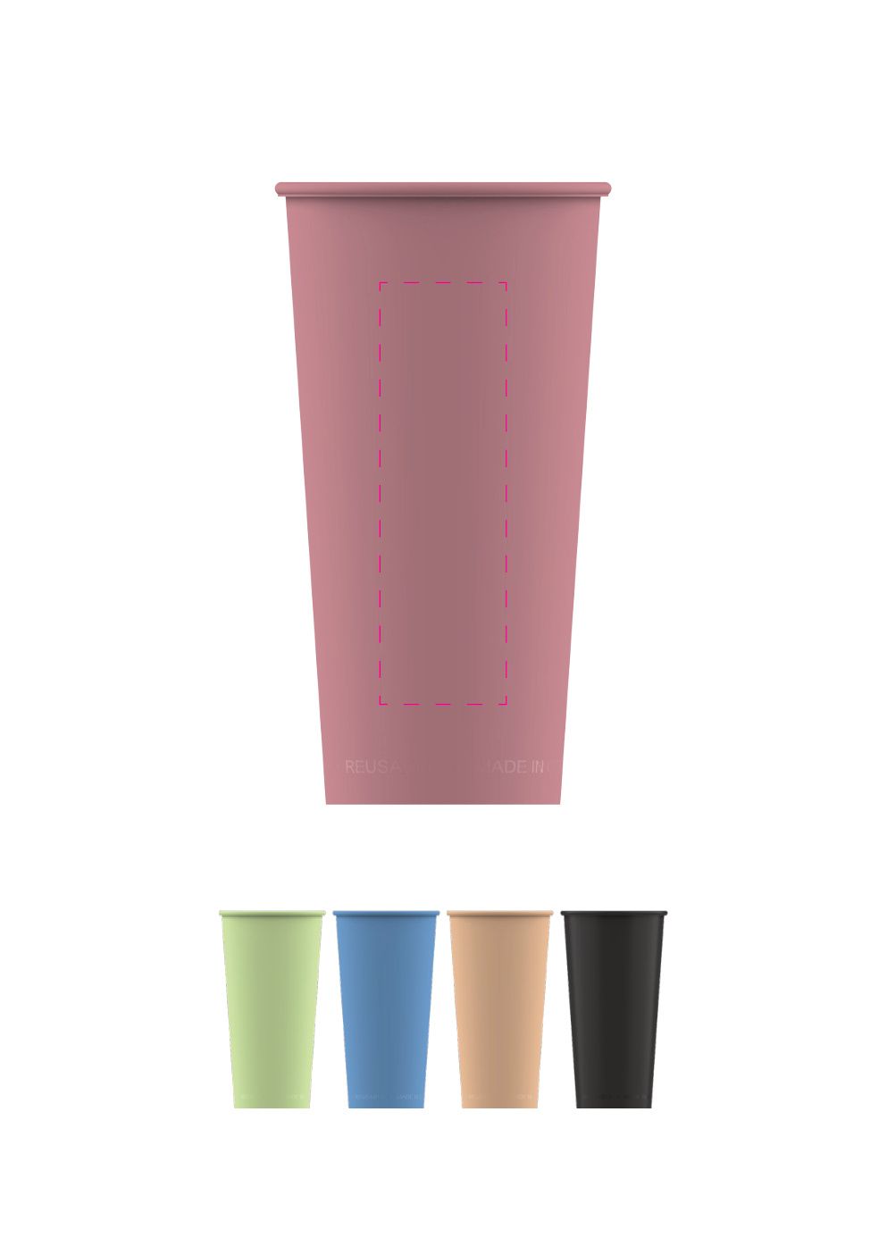 Standskizze: Druckposition „mittig (max. 30×100 mm)“ – Mehrwegbecher ToGo 400 ml – Kunststoff, spülmaschinengeeignet